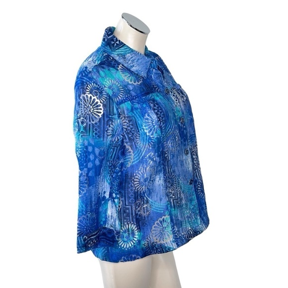 SOUTHERN LADY Aqua Blue Floral Long Sleeve Button Down Blouse Jacket Size L - Picture 3 of 16